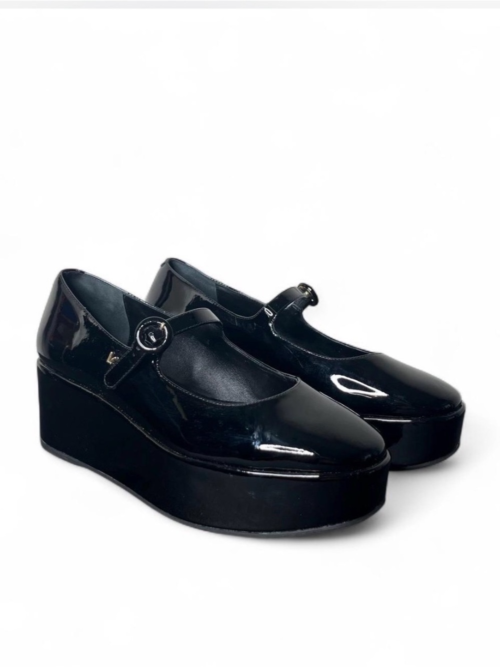Larroude Blair Flatform Mary Jane’s Platform Wedge in Black Patent Leather